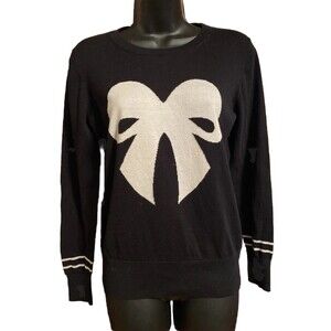 French Connection Black Cotton Blend Sweater White Bow Size Medium